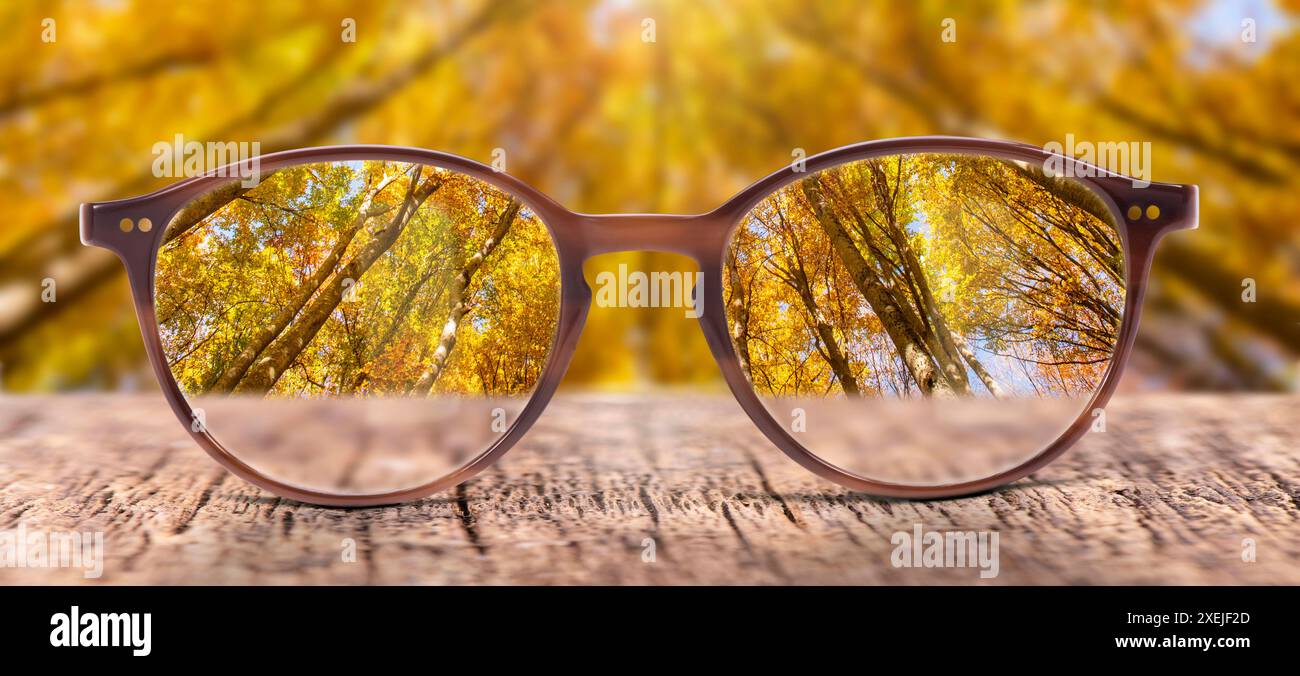 Brille und Fehlsichtigkeit Eine Brille liegt auf einem Holzbrett und mit Sicht durch die Gläser wird die Fehlsichtigkeit und Unschärfe des Hintergrund Stock Photo
