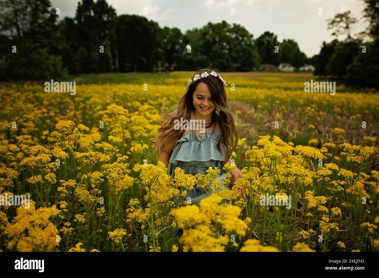 Happy young girl laughing in field of yellow flowers blue sky Stock ...