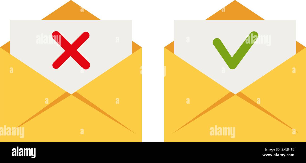 Two yellow envelope with approved and rejected letters. Vector illustration. Flat. Stock Vector