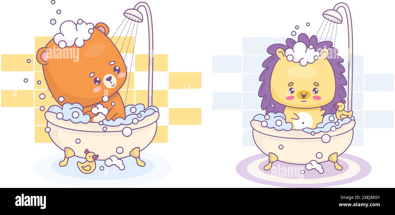 Cute cartoon bear and hedgehog bathes in bath with foam and rubber duck ...