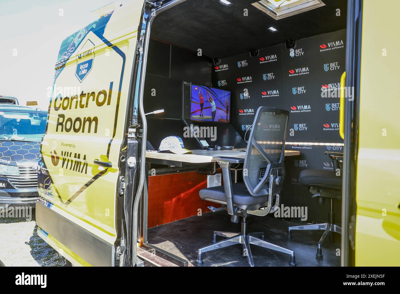Florence, France. 28th June, 2024. Team Visma-Lease a Bike control room car pictured during preparations ahead of the 2024 Tour de France cycling race, Friday 28 June 2024, in Florence, Italy. The 111th edition of the Tour de France starts on Saturday 29 June in Florence, Italy, and will finish in Nice, France on 21 July. BELGA PHOTO DAVID PINTENS Credit: Belga News Agency/Alamy Live News Stock Photo