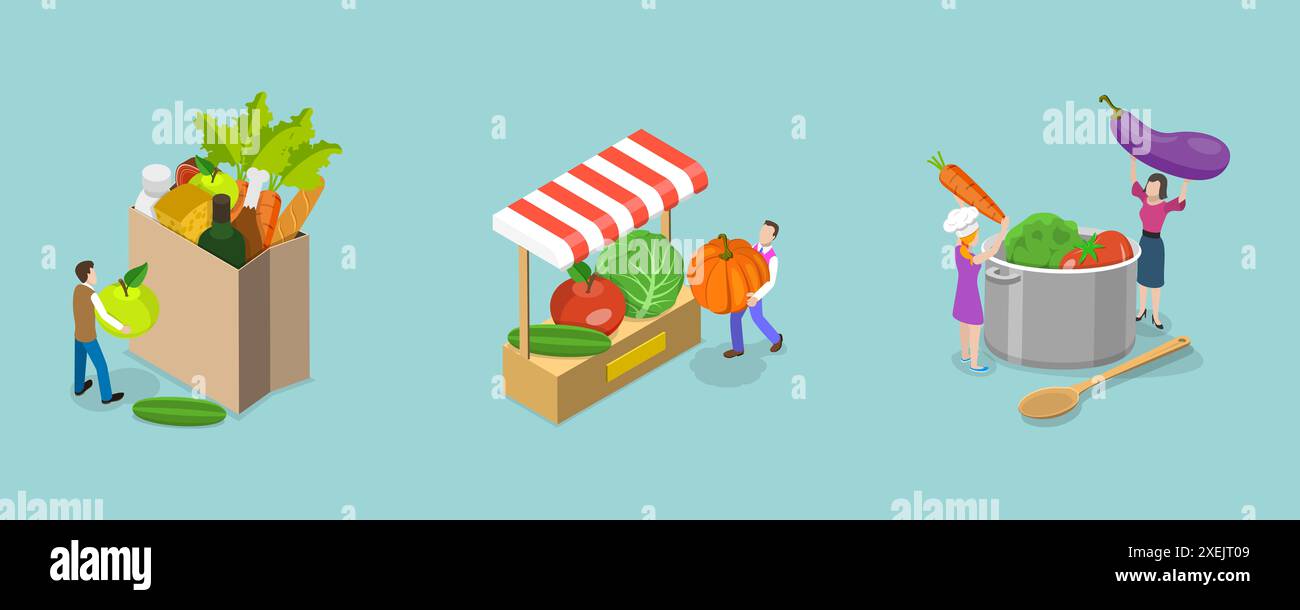 3D Isometric Flat Conceptual Illustration of Local Food, Fresh Organic ...