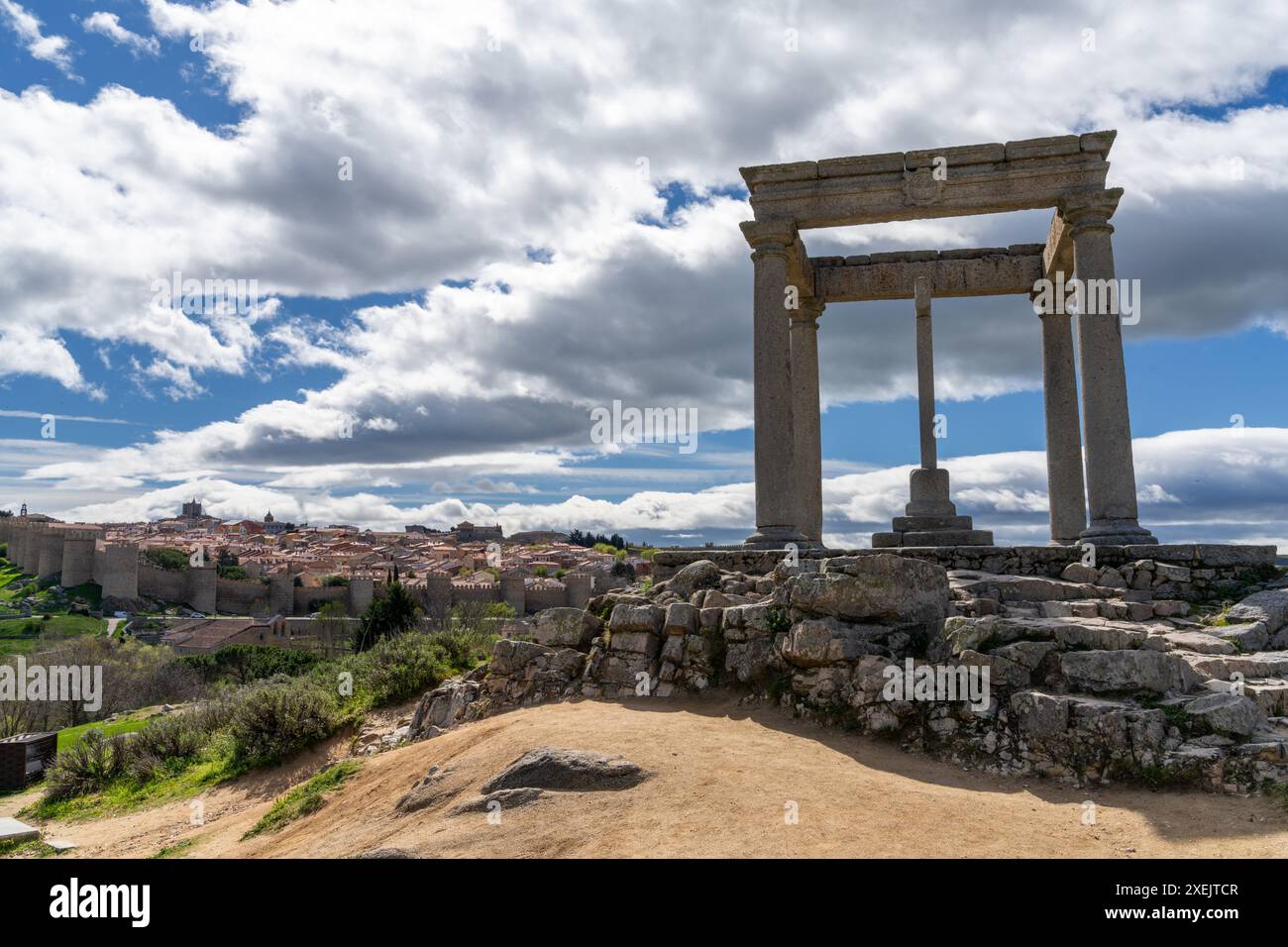 View of the medieval walled city of Avila and the Quatro Postes viewpoint Stock Photo