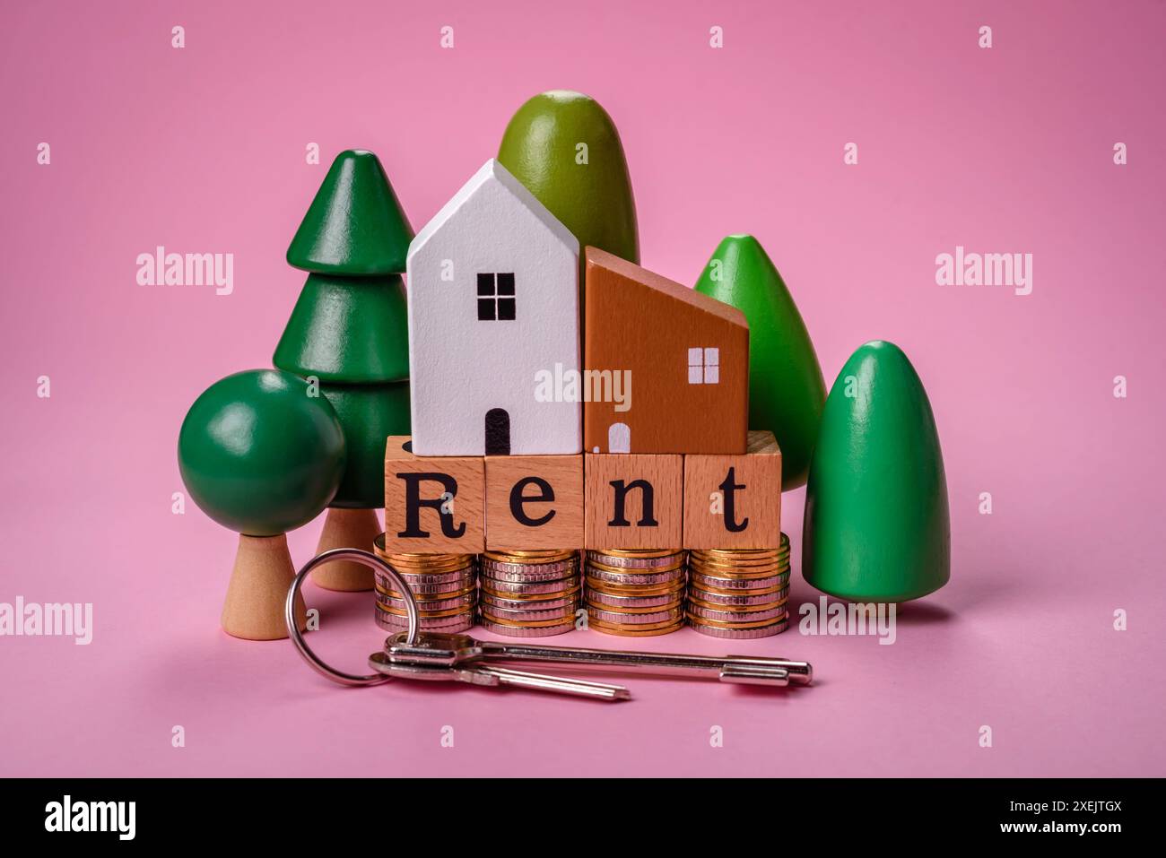 Small wooden house and the inscription for rent. Concept for sale, rental of real estate for a family Stock Photo