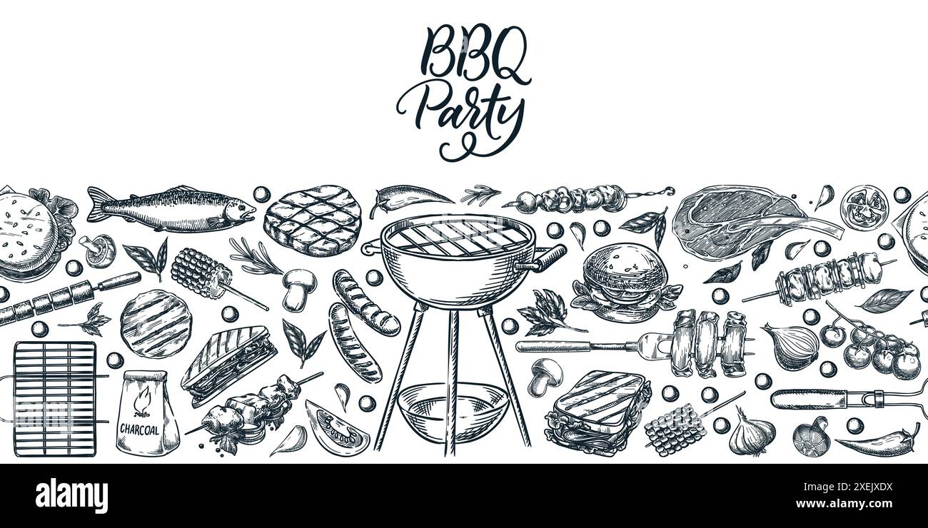 BBQ party picnic meal menu seamless horizontal background. Vector hand ...