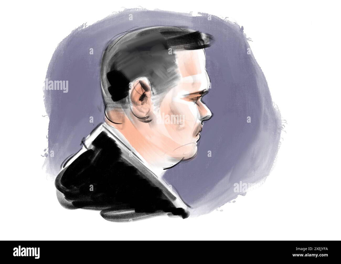 Court sketch during the verdict of the 33-year-old Philip Patrick Westh, who among other things is found guilty of the murder of Emilie Meng, in the Court in Naestved on Friday, June 28, 2024. The 33-year-old has been in custody since he was arrested in April 2023 in connection with the case of the 13-year-old girl who was found in the man's home in Svenstrup near Korsoer. In the case, the 33-year-old man is also charged with having killed the 17-year-old Emilie Meng, who disappeared from Korsoer Station in July 2016. In addition, he is accused of having abducted a 13-year-old girl in Kirkerup Stock Photo