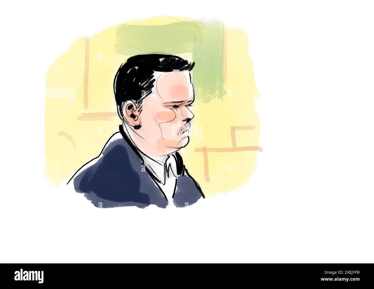 Court drawing during the verdict of the 33-year-old Philip Patrick Westh, who among other things is found guilty in the murder of Emilie Meng, in the Court in Naestved on Friday, June 28, 2024. The 33-year-old has been in custody since he was arrested in April 2023 in connection with the case of the 13-year-old girl who was found in the man's home in Svenstrup near Korsoer. In the case, the 33-year-old man is also charged with having killed the 17-year-old Emilie Meng, who disappeared from Korsoer Station in July 2016. In addition, he is accused of having abducted a 13-year-old girl in Kirkeru Stock Photo