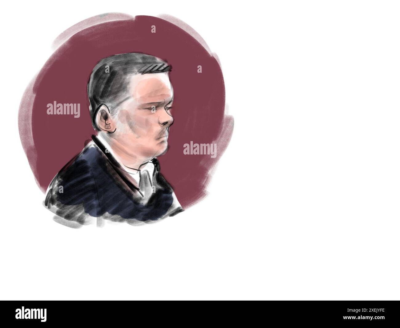 Court drawing during the verdict of the 33-year-old Philip Patrick Westh, who among other things is found guilty of the murder of Emilie Meng, in the Court in Naestved on Friday, June 28, 2024. The 33-year-old has been in custody since he was arrested in April 2023 in connection with the case of the 13-year-old girl, who was found in the man's home in Svenstrup near Korsoer. In the case, the 33-year-old man is also accused of having killed the 17-year-old Emilie Meng, who disappeared from Korsoer Station in July 2016. In addition, he is accused of having abducted a 13-year-old girl in Kirkerup Stock Photo