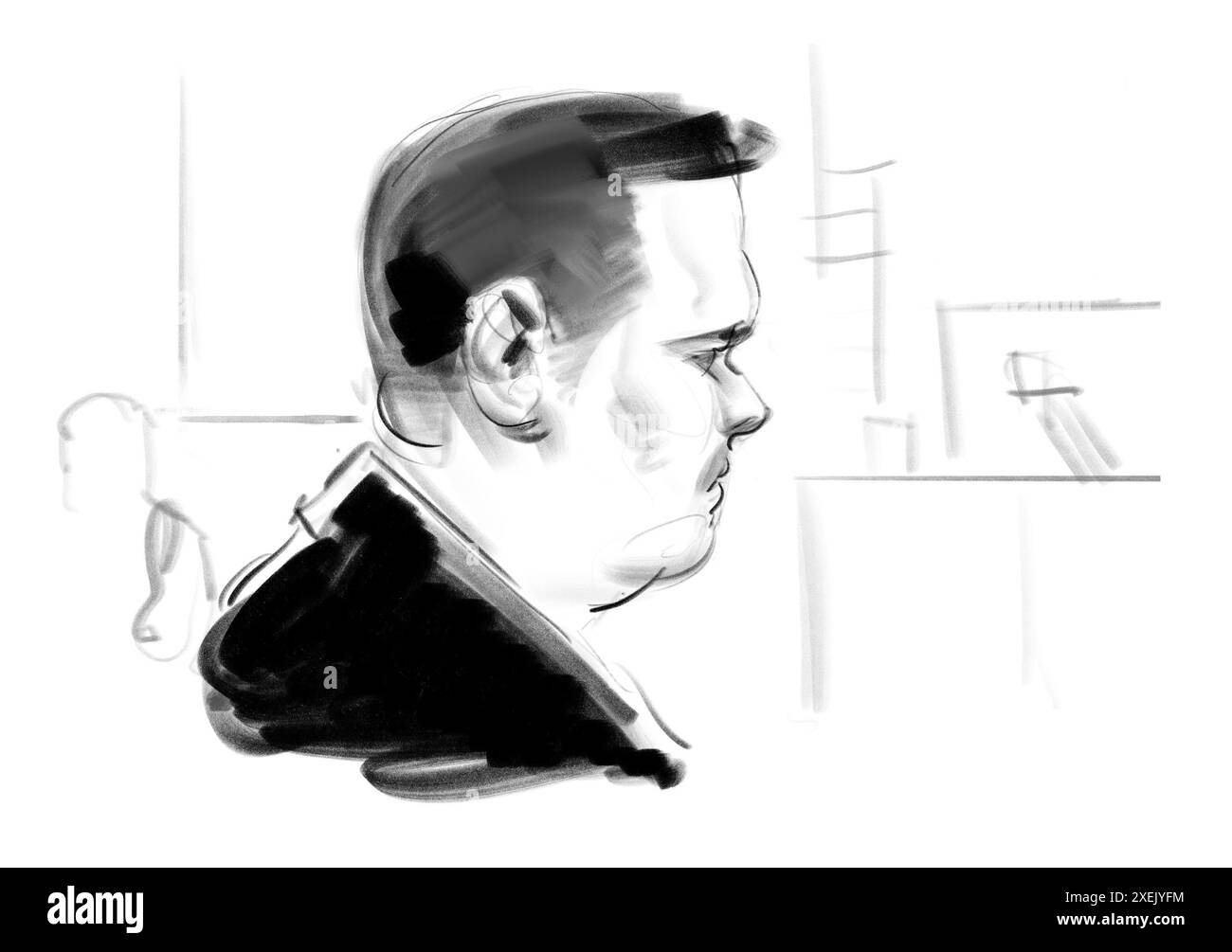 Court sketch during the verdict of the 33-year-old Philip Patrick Westh, who among other things has been found guilty of the murder of Emilie Meng, in the Court in Naestved on Friday, June 28, 2024. The 33-year-old has been in custody since he was arrested in April 2023 in connection with the case of the 13-year-old girl who was found in the man's home in Svenstrup near Korsoer. In the case, the 33-year-old man is also accused of having killed the 17-year-old Emilie Meng, who disappeared from Korsoer Station in July 2016. In addition, he is accused of having abducted a 13-year-old girl in Kirk Stock Photo