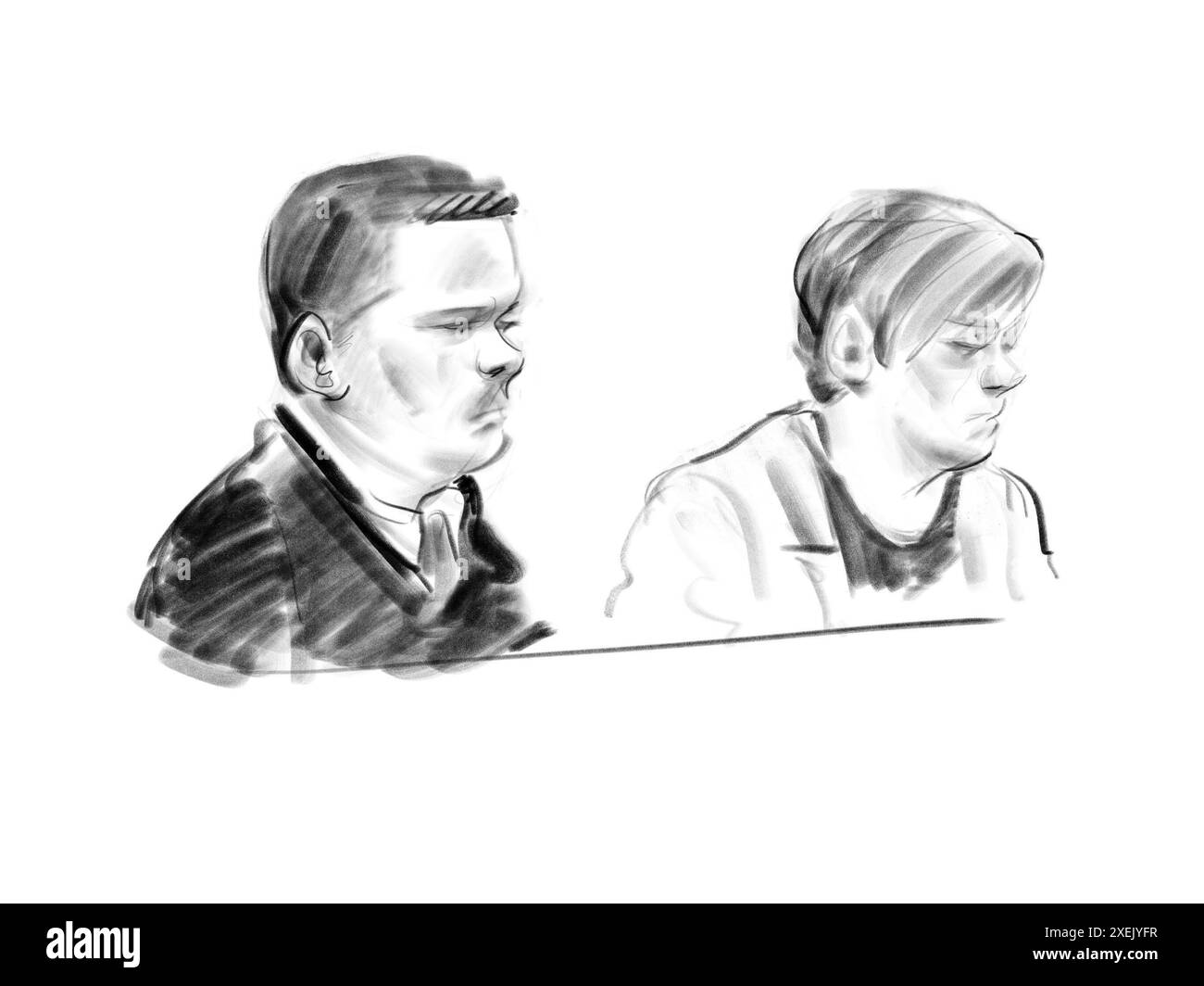 Court sketch during the verdict of defense lawyer Karina Skou, to the right, and the 33-year-old Philip Patrick Westh, who among other things has been found guilty in the murder of Emilie Meng, in the Court in Naestved Friday the 28th of June 2024. The 33-year-old has been in custody since he was arrested in April 2023 in connection with the case of the 13-year-old girl who was found in the man's home in Svenstrup near Korsoer. In the case, the 33-year-old man is also charged with having killed the 17-year-old Emilie Meng, who disappeared from Korsoer Station in July 2016. In addition, he is a Stock Photo