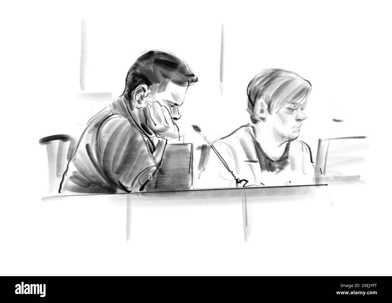 Court drawing during the verdict of defense lawyer Karina Skou, to the right, and the 33-year-old Philip Patrick Westh, who among other things is accused of the murder of Emilie Meng, in the Court in Naestved Friday the 28th of June 2024. The 33-year-old has been in custody since he was arrested in April 2023 in connection with the case of the 13-year-old girl, who was found in the man's home in Svenstrup near Korsoer. In the case, the 33-year-old man is also accused of having killed the 17-year-old Emilie Meng, who disappeared from Korsoer Station in July 2016. In addition, he is accused of h Stock Photo