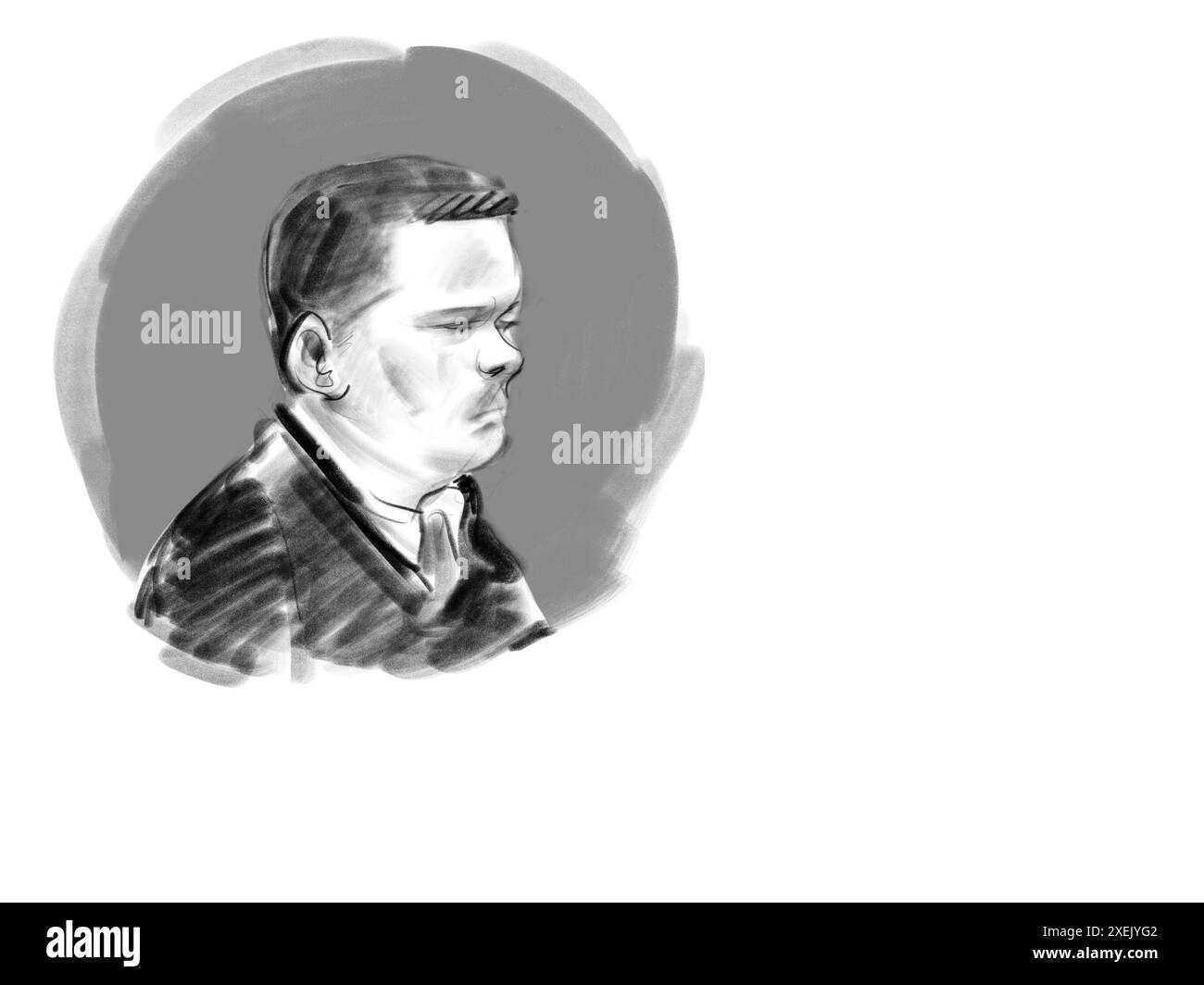 Court sketch during the verdict of the 33-year-old Philip Patrick Westh, who among other things is found guilty of the murder of Emilie Meng, in the Court in Naestved on Friday, June 28, 2024. The 33-year-old has been in custody since he was arrested in April 2023 in connection with the case of the 13-year-old girl, who was found in the man's home in Svenstrup near Korsoer. In the case, the 33-year-old man is also charged with having killed the 17-year-old Emilie Meng, who disappeared from Korsoer Station in July 2016. In addition, he is accused of having abducted a 13-year-old girl in Kirkeru Stock Photo