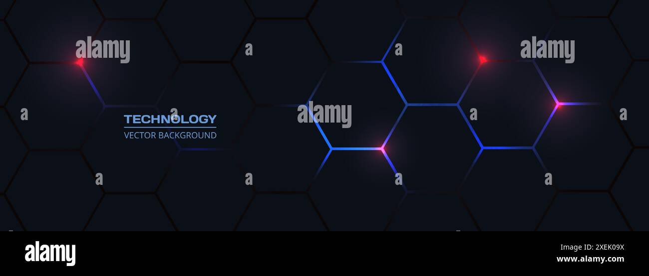Dark hexagon abstract technology background with blue and red colored ...