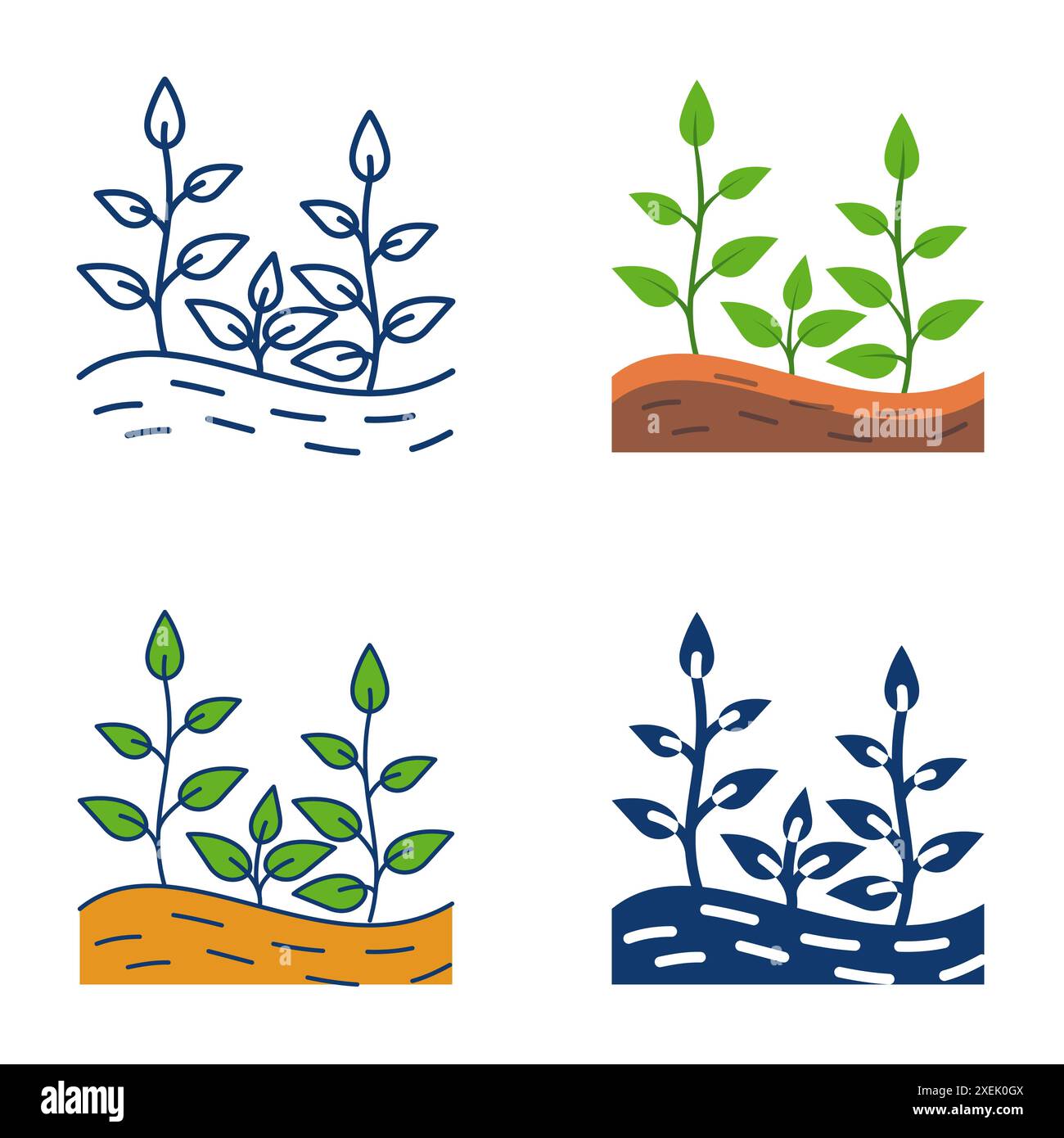 Growing plants in the ground icon set in flat and line style. Keep soil covered, soil armor. Vector illustration. Stock Vector