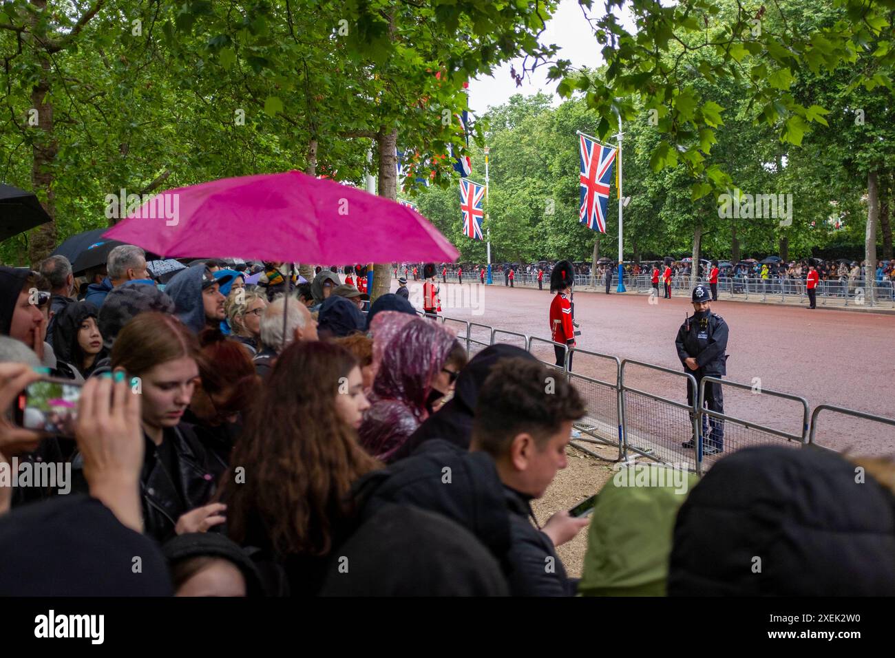 Royal family fans lining The Mall for Trooping the Colour event London , England , UK 2024