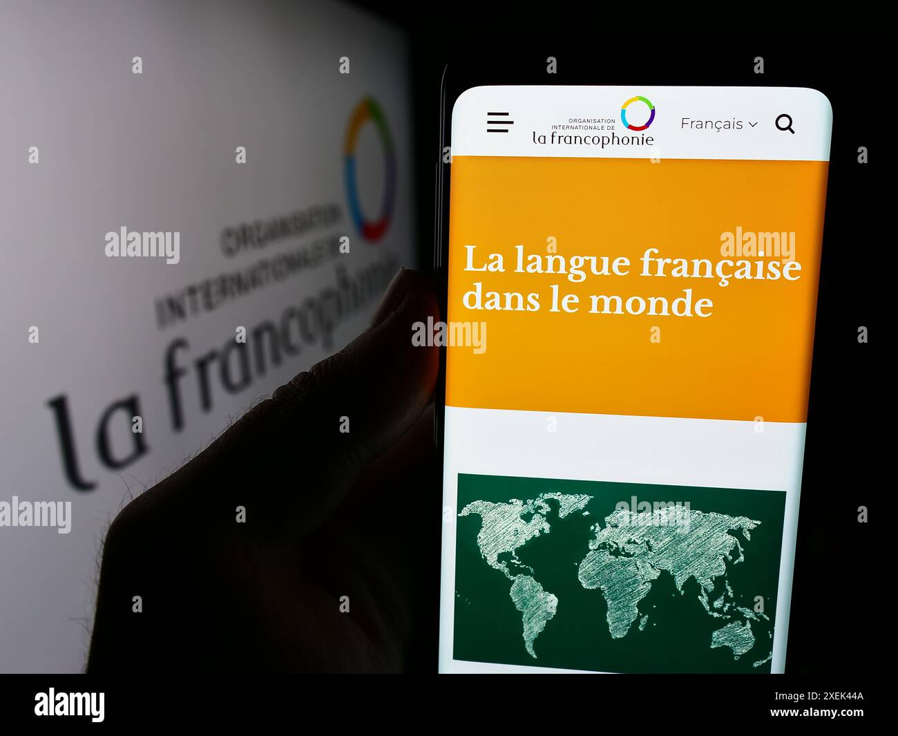 Person holding cellphone with webpage of Organisation internationale de la Francophonie in front of logo. Focus on center of phone display. Stock Photo