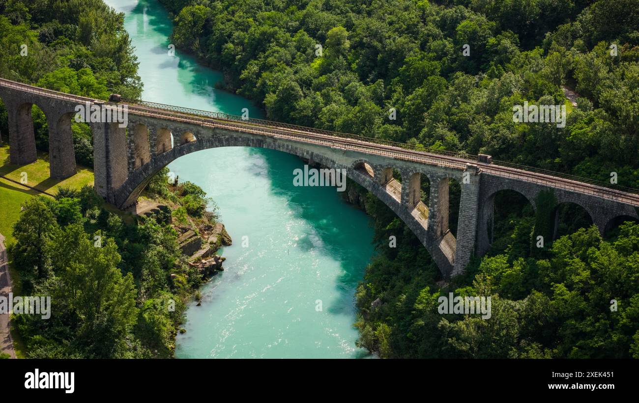 Scenic View from Above: Solkan Rail Stone Bridge, Slovenia Stock Photo