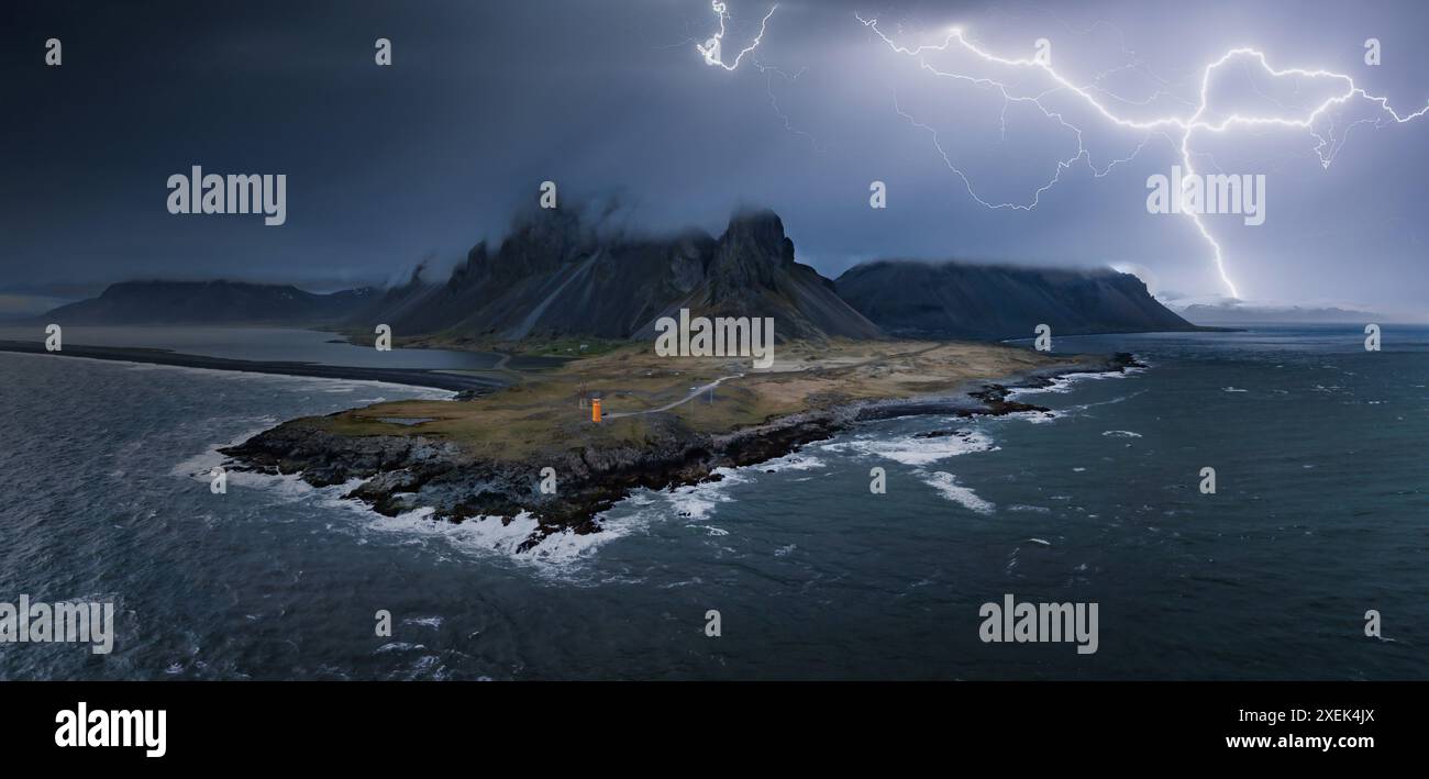 Dramatic Lightning Strike Over Rugged Icelandic Coastline at Night ...