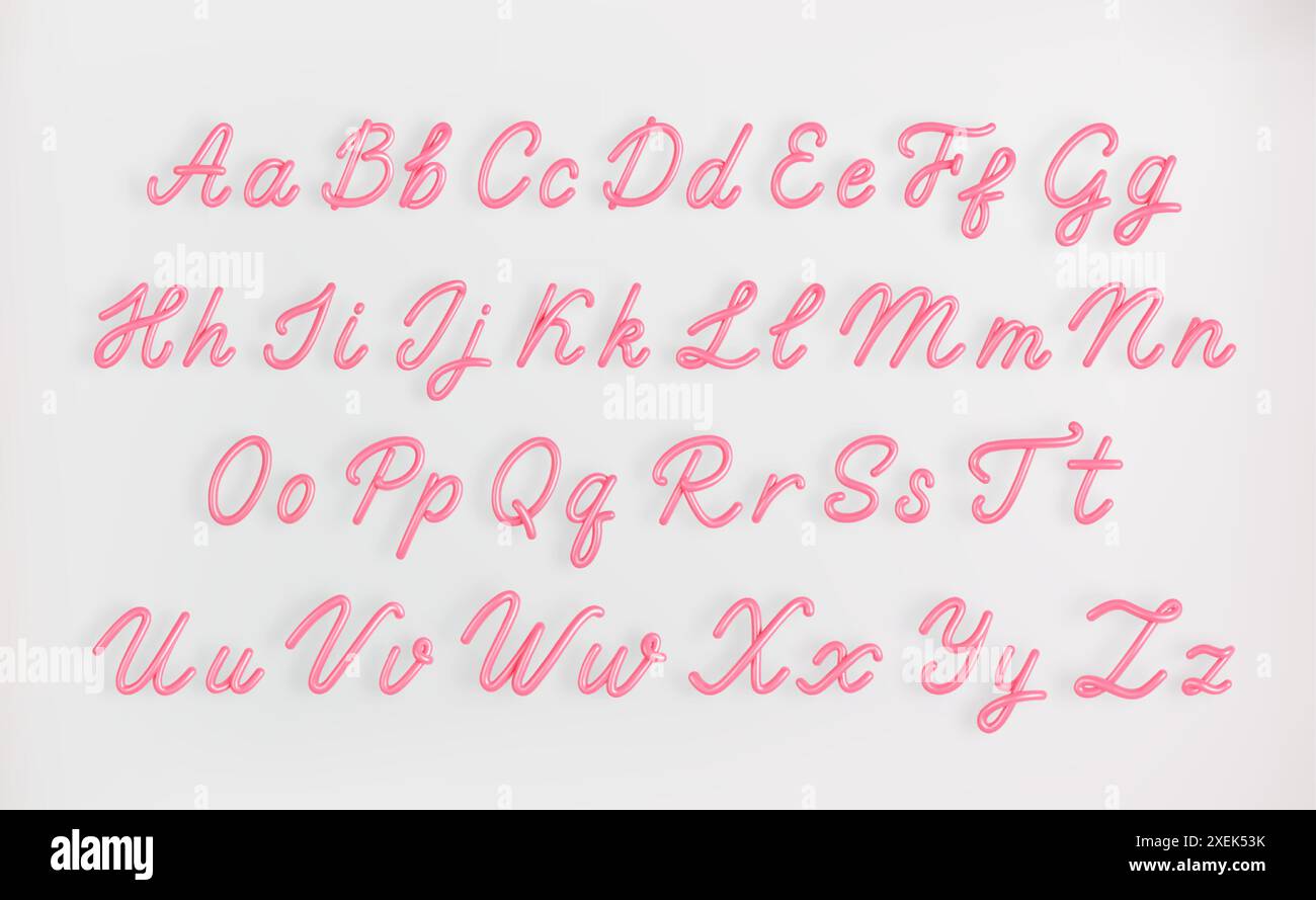 3D Pink Script Alphabet on light background. Cute Cursive Bubble font symbol vector illustration. Stock Vector