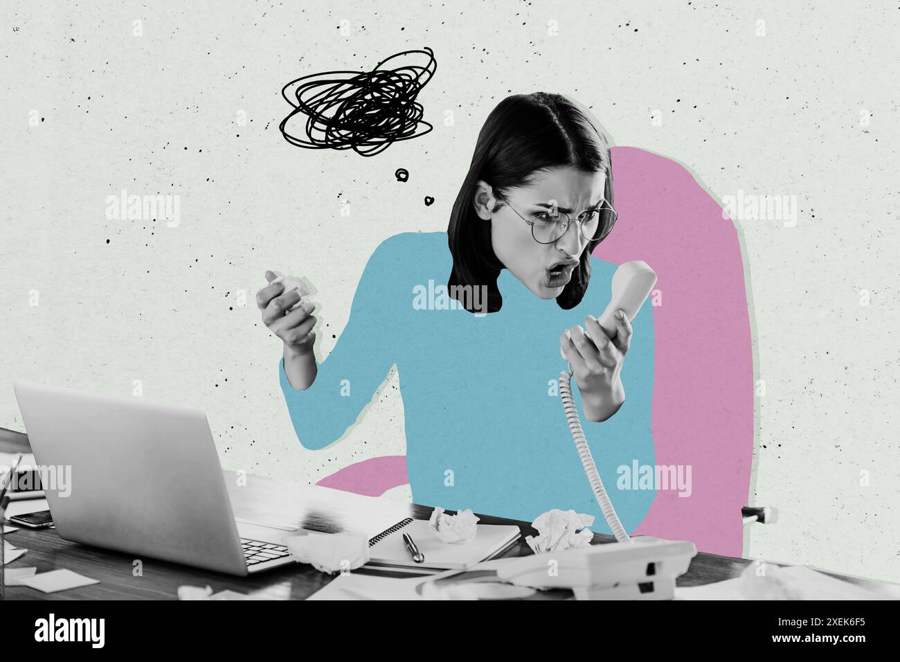 Composite photo collage of angry businesswoman support line center ...