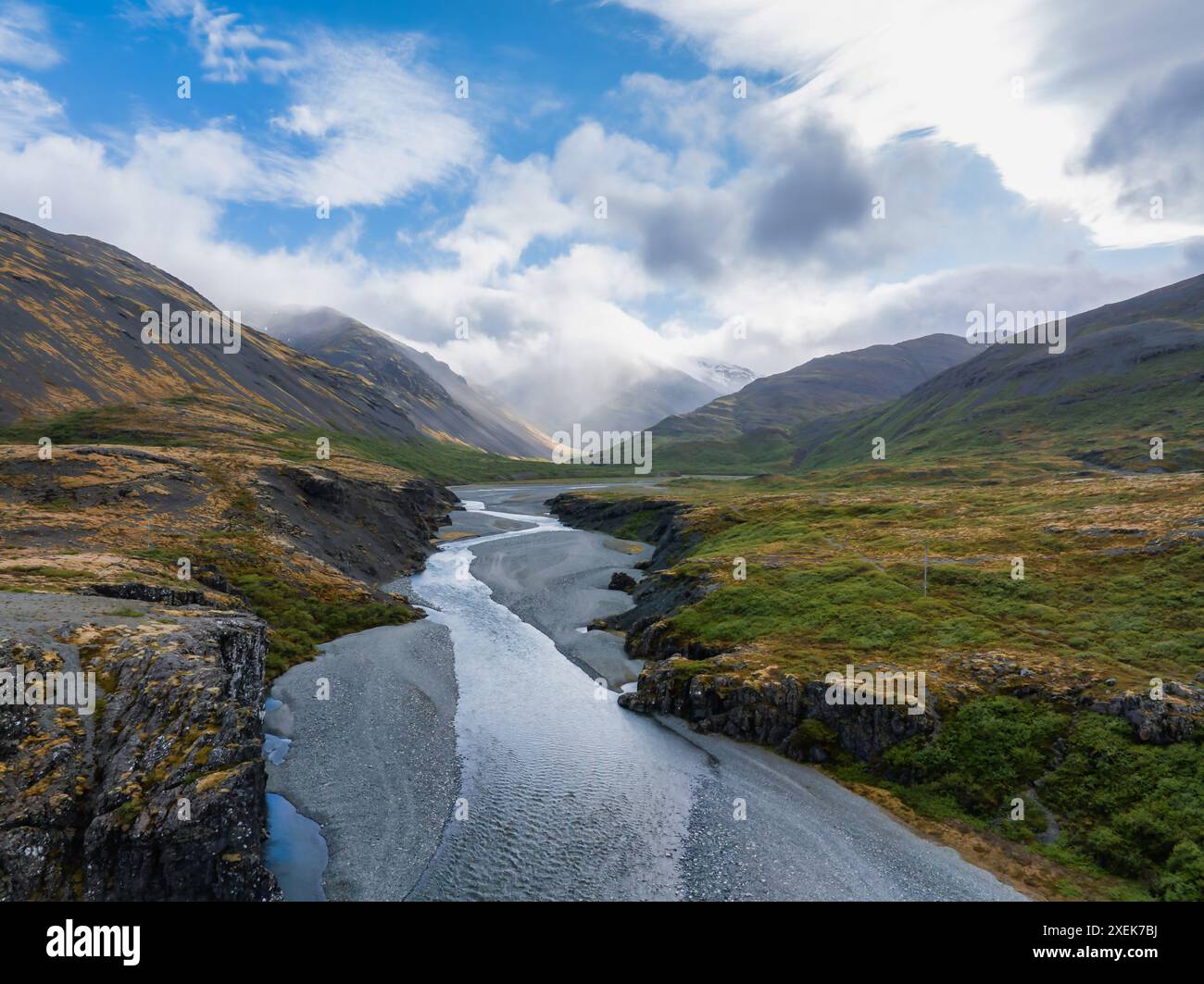 Aerial View of Serene River Winding Through Green Valley in Iceland ...