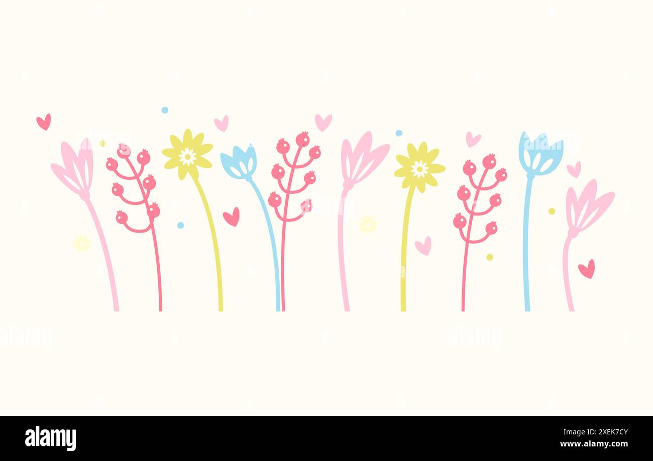 Abstract Multicolored Spring Flower Horizontal Border Stock Vector