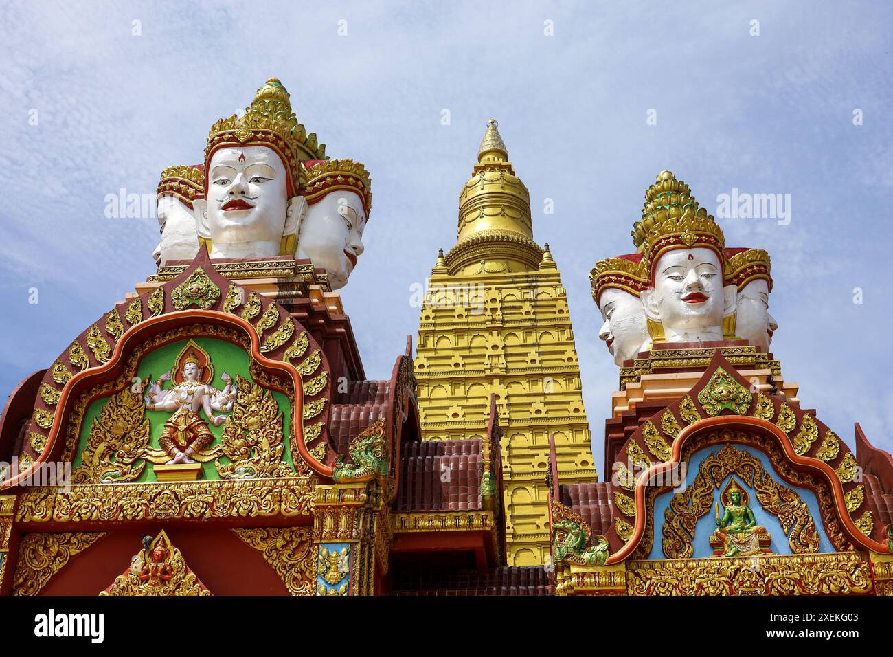 View to golden chedi of Wat Bang Thong Temple complex Stock Photo