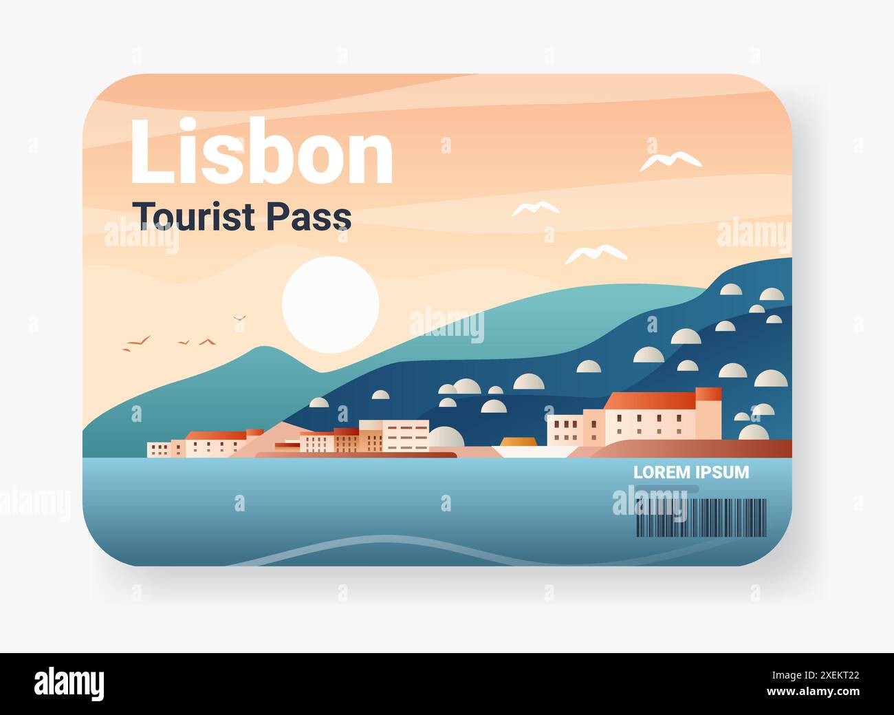 Lisbon scenic landscape with ocean buildings hills birds and sun minimalist design travel concept Stock Vector