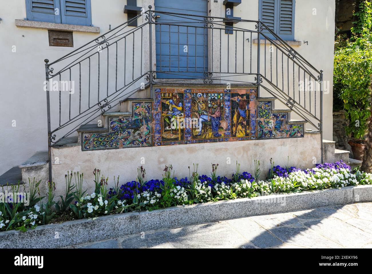 Ornate and colourful ceramic tiles on the steps leading up to a house on Isola Bella one of the Borromean Islands of Lake Maggiore in Northern Italy Stock Photo