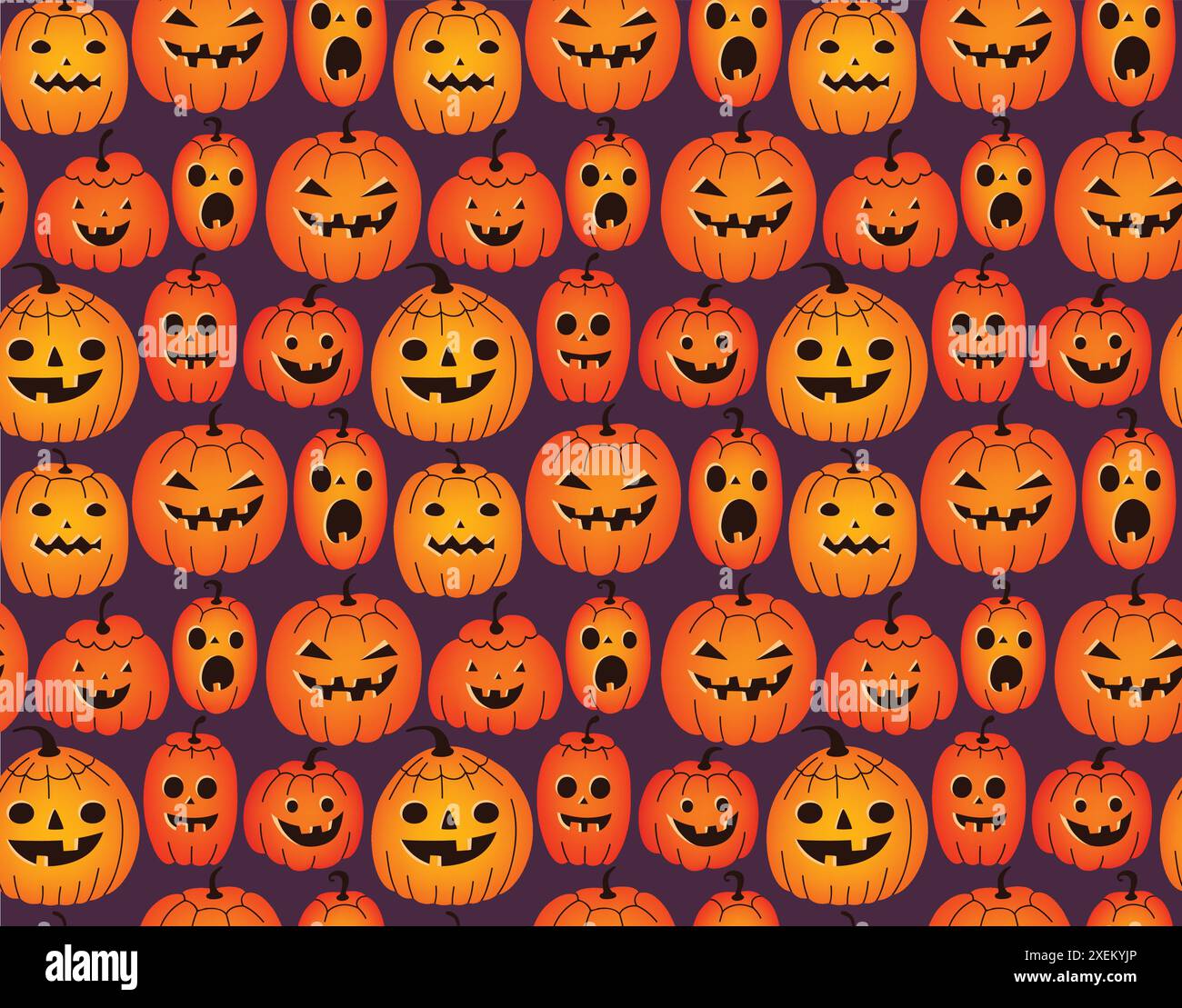 Halloween background with funny pumpkins on a purple background Stock Vector