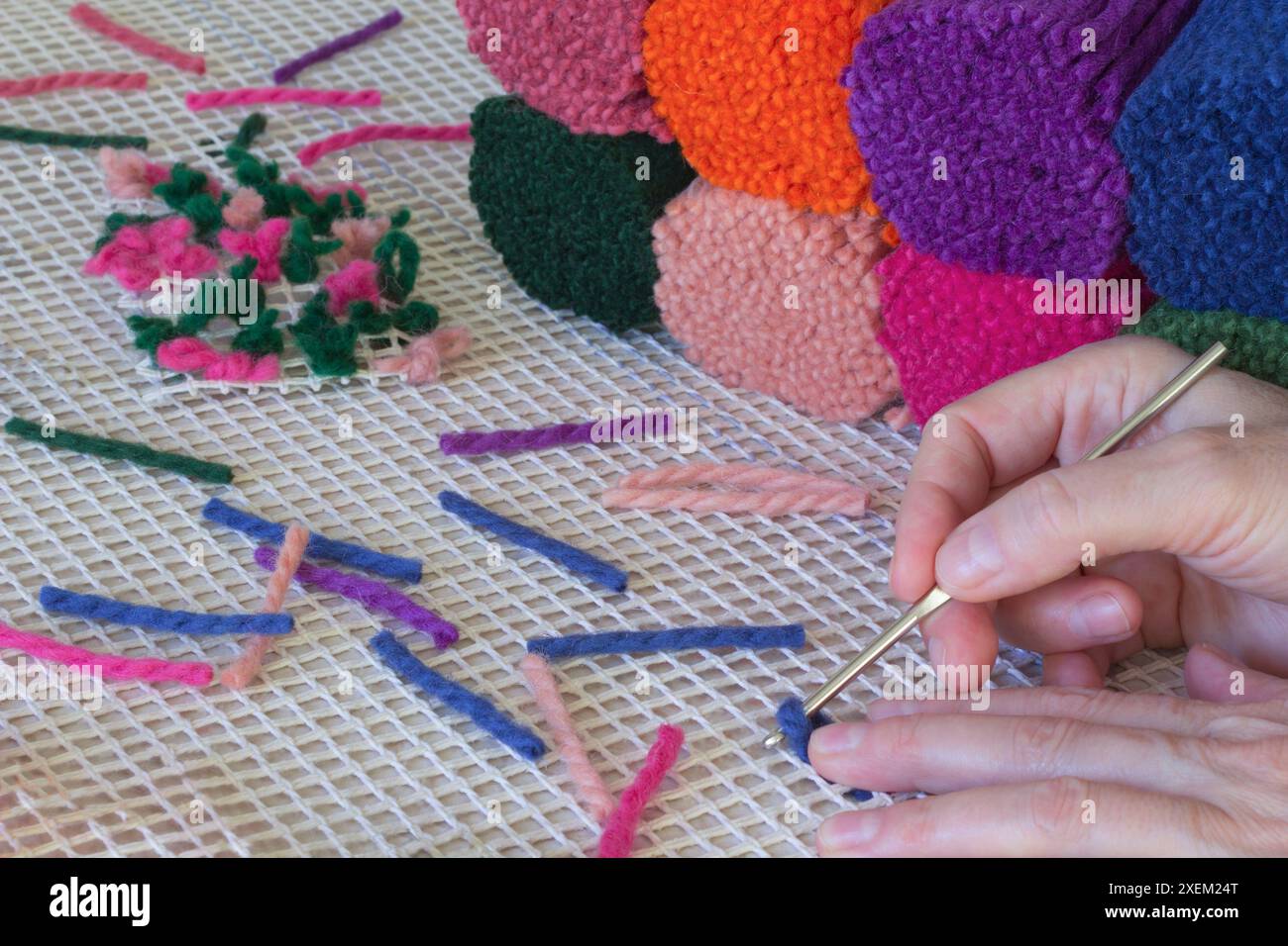 Hobby Thread Rug Blue pink green wool threads for weaving rugs home. Handmade Stock ...