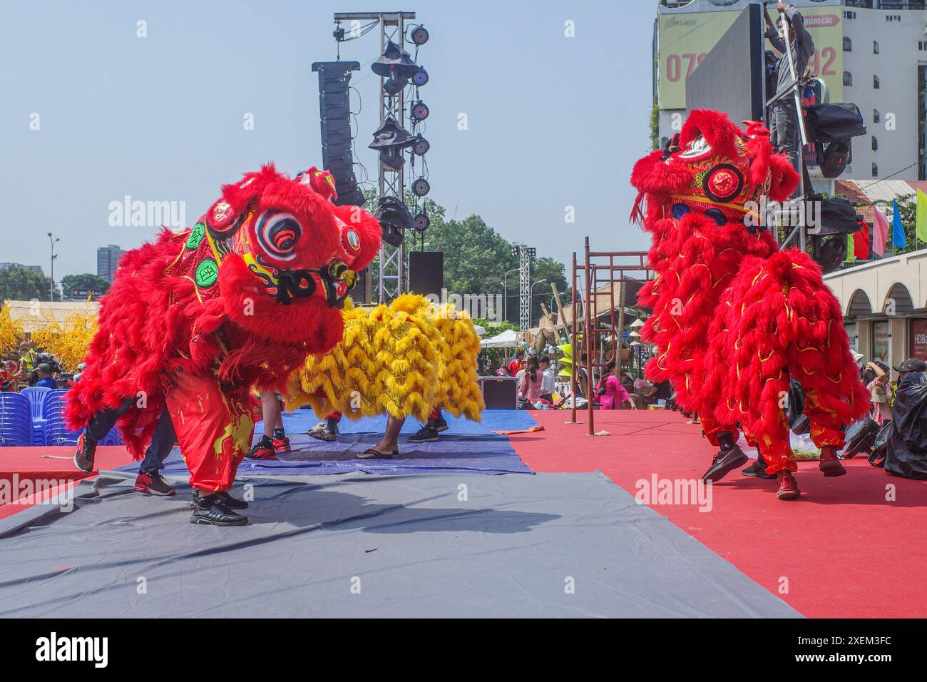 Ho Chi Minh City, Vietnam - 3 Feb, 2024: Acrobats practicing a Dragon Dance ahead of Lunar New Year, Saigon Stock Photo