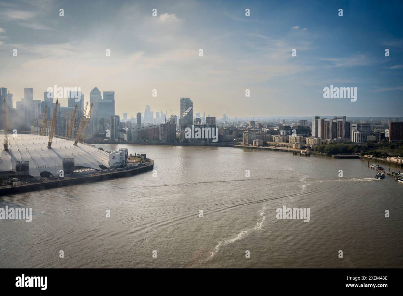 View of River Thames and landmark indoor arena from the Dangleway cable car, Docklands, London, UK; London, England Stock Photo