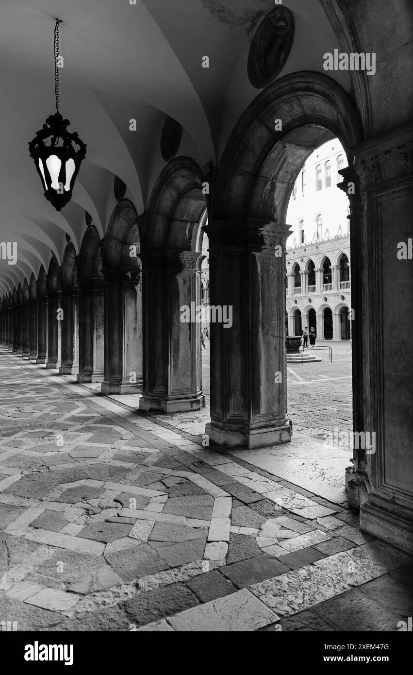 Black and white image of the courtyard and portico of Doge's Palace in Venice; Venice, Veneto, Italy Stock Photo