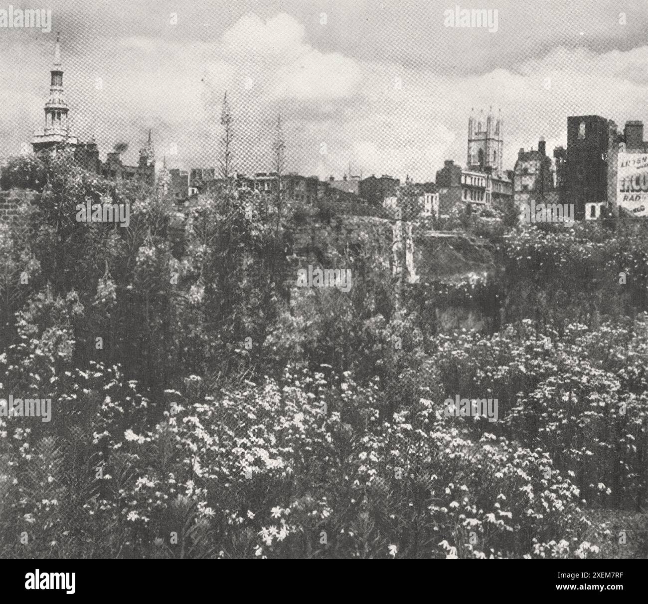 City of London Blitz bomb damage. View from a cellar off Cannon Street, St Mary-le-Bow, St Mary Aldermanbury & St Mildred Bread Street. Stock Photo