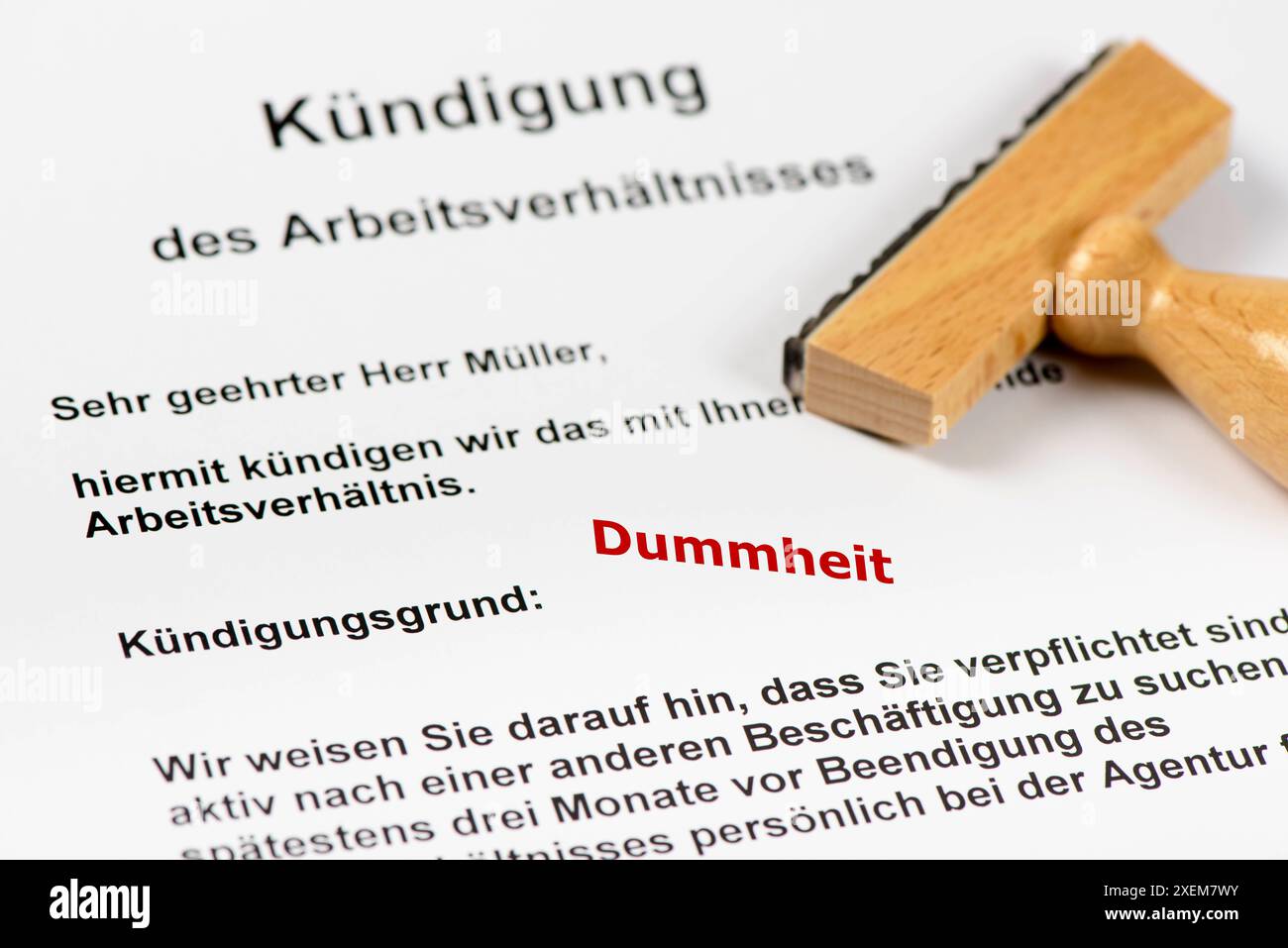 Kündigung des Arbeitsplatzes Kündigung des Arbeitsplatzes wegen Dummheit *** Termination of employment Termination of employment due to stupidity Stock Photo