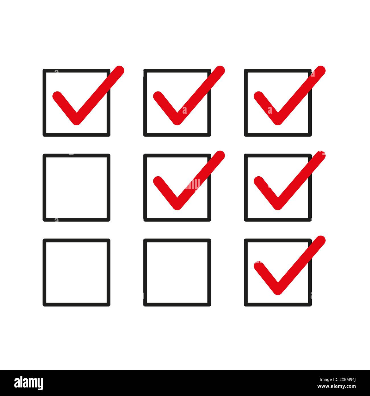 Checkboxes vector icons. Red check marks. Black outline squares. Simple ...