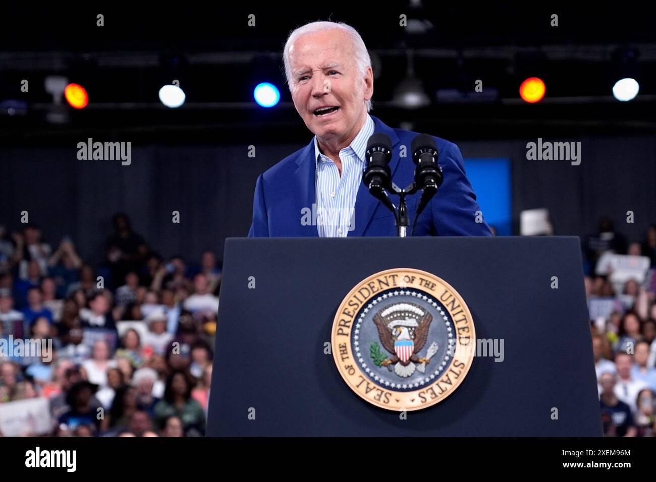 President Joe Biden speaks at a campaign rally, Friday, June 28, 2024 ...