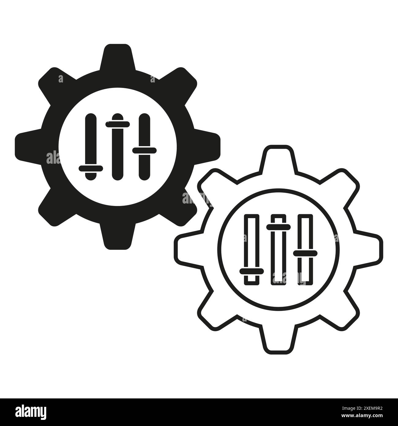 Settings adjustment icon. Gears in sync. Vector mechanical parts. Black