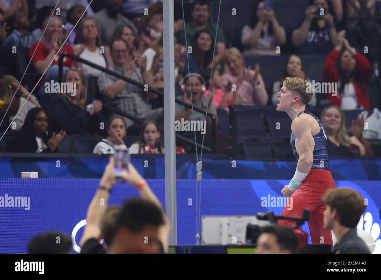 June 27, 2024 Gymnast Shane Wiskus celebrates his final routine during