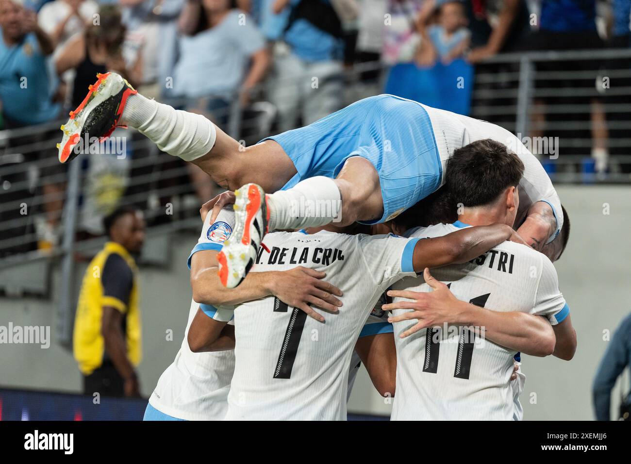 Uruguay teammates celebrate goal scored by Federico Valverde (not