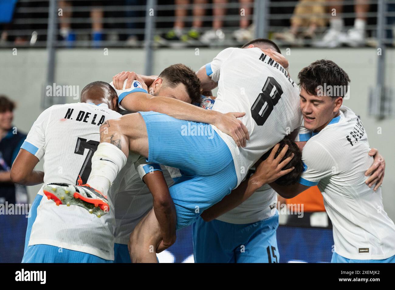 Uruguay teammates celebrate goal scored by Federico Valverde (not
