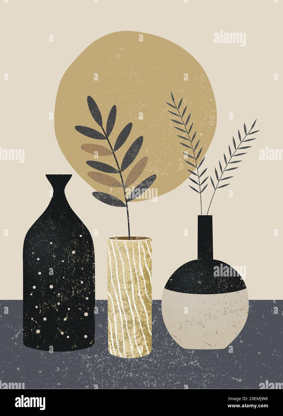 Stylized vases with abstract plants and moon. Grunge texture. Printable boho home decor. Brown, beige, gray color. Modern aesthetic boho design wallpa Stock Vector