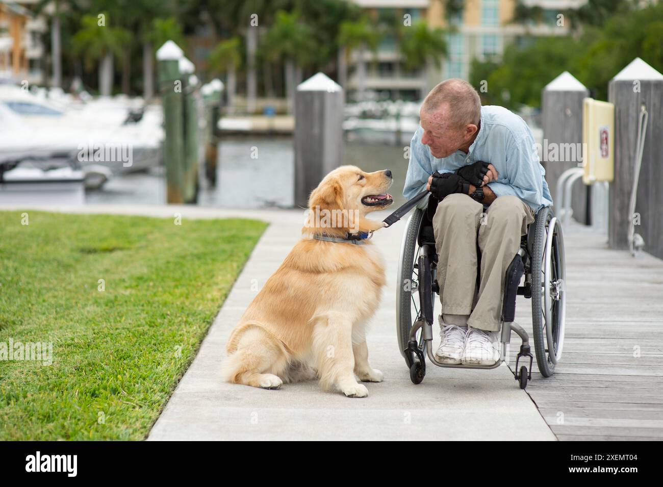 Man in a wheelchair bonding with his service dog outdoors along a