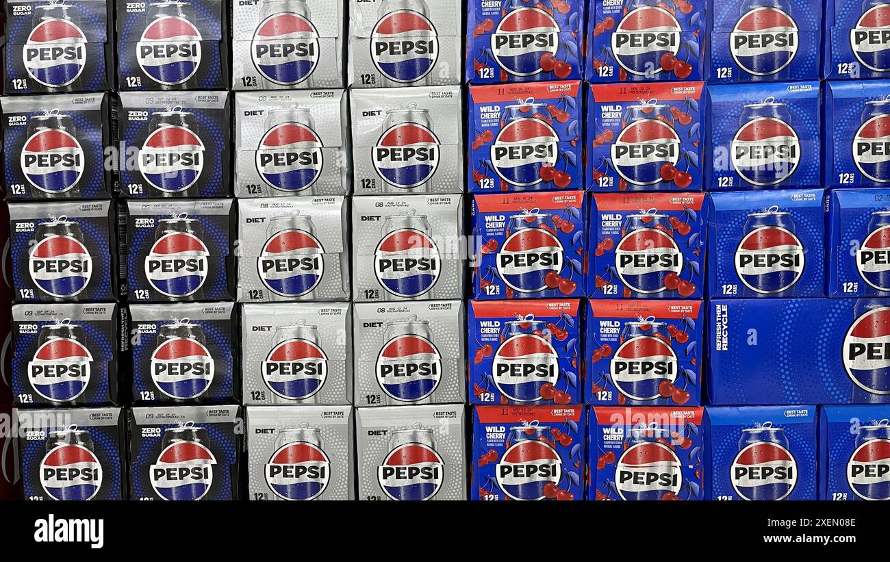 Indianapolis - June 28, 2024: Pepsi cases on display. Pepsi and PepsiCo are among the largest beverage producers in the world. Stock Photo