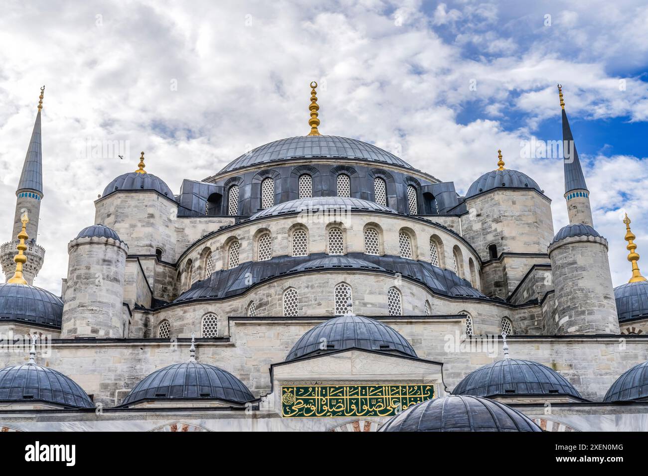 Blue Mosque, Istanbul, Turkey. Blue Mosque or Sultan Ahmed Mosque built in 1616 by Ottoman Turks. Arabic sayings from Koran. Stock Photo