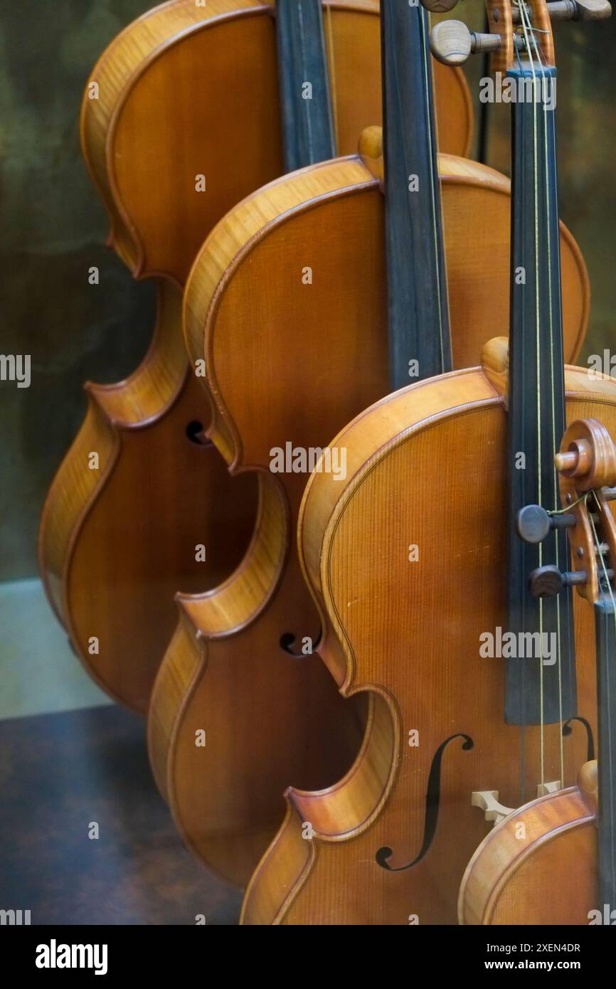 Paris, France. Antique cellos Stock Photo