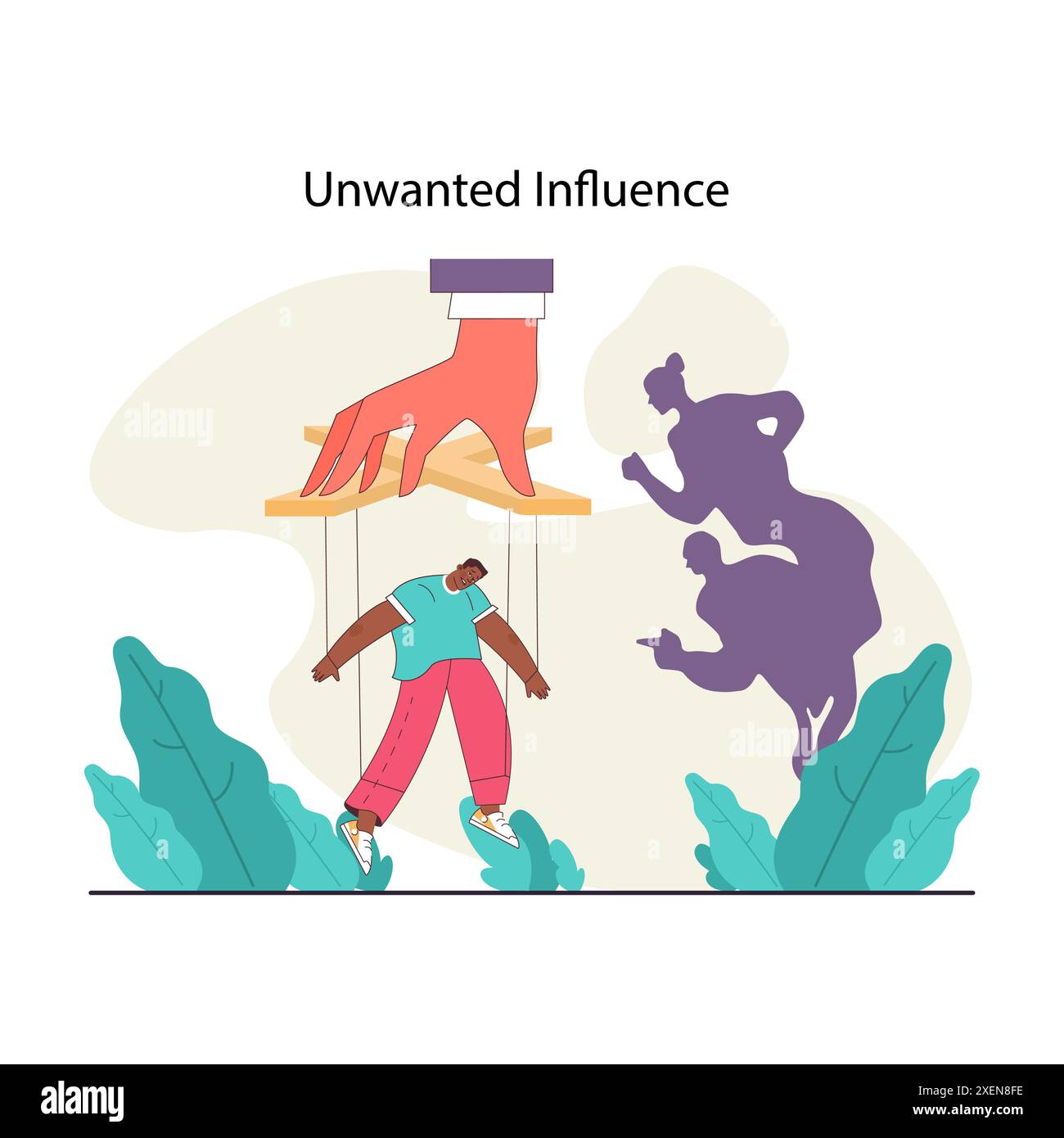 Peer pressure concept. Giant hand manipulates a puppet-like figure, with lurking shadows representing judgment from other people, showing the weight of social opinion. Flat vector illustration Stock Vector