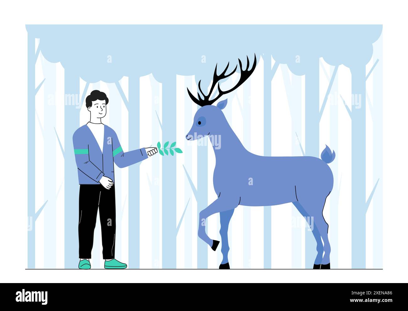 Man feeds deer. Young guy in woods giving food to deer. Wilderness environment and wild area. Ranger and scout with forest dweller. Linear flat vector Stock Vector