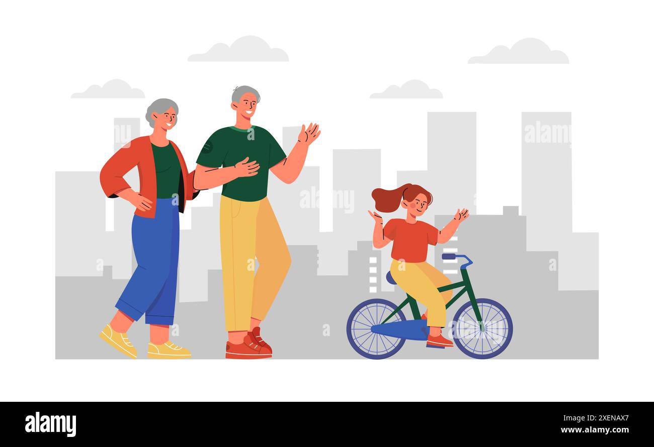Help Ride Cartoon Schoolgirl training bike. Grandparents teach their granddaughter how to ...